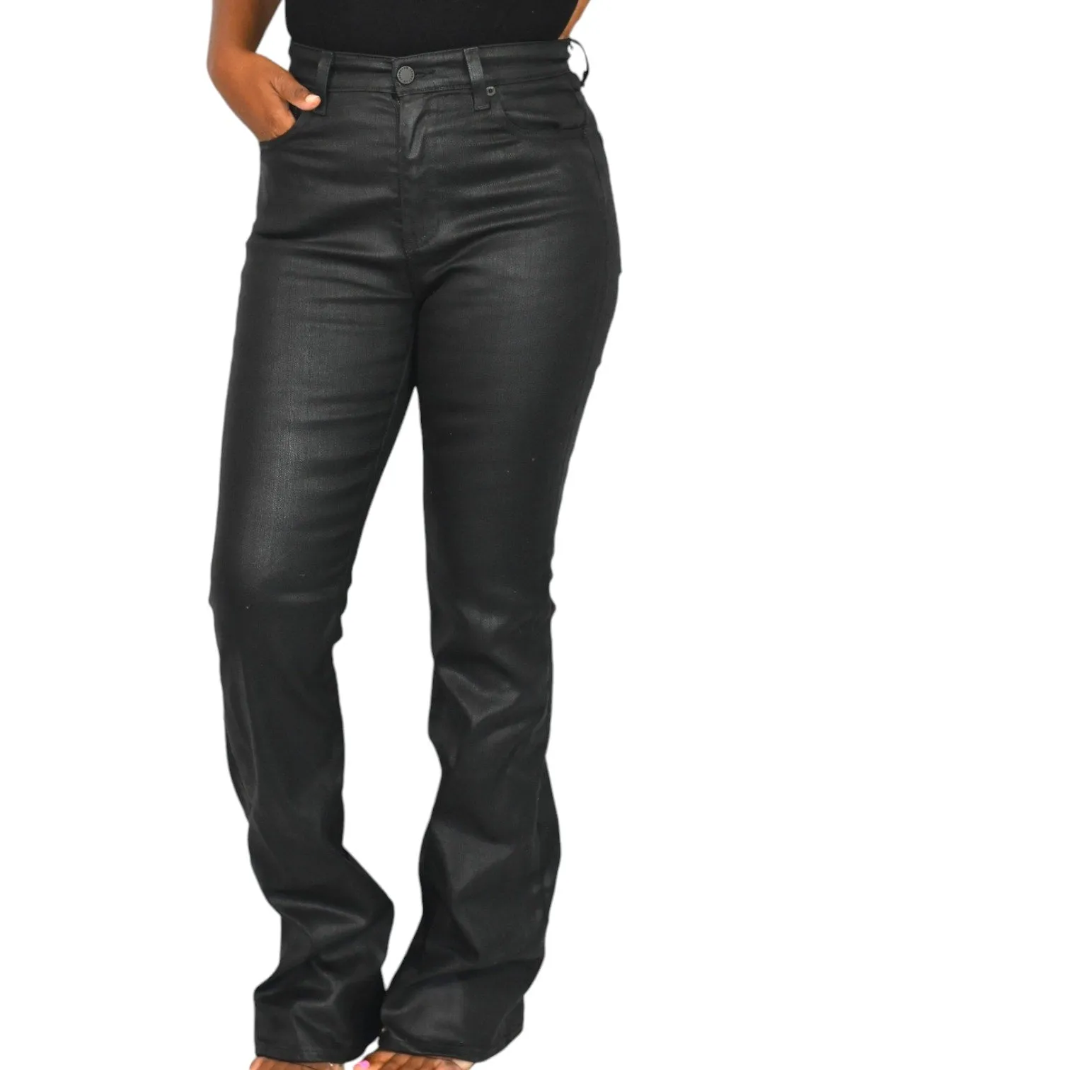 AG Alexxis Coated Jeans Black Denim Boot Cut High Rise Vintage Fit Faux Leather Size 26
