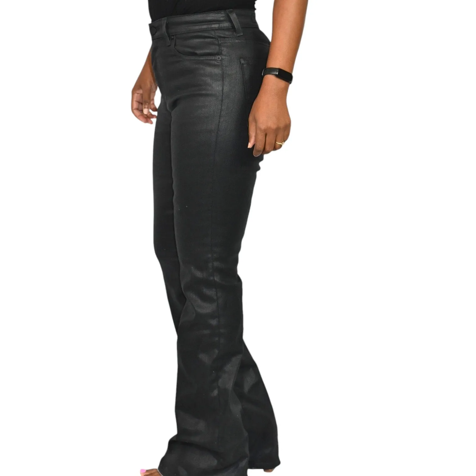 AG Alexxis Coated Jeans Black Denim Boot Cut High Rise Vintage Fit Faux Leather Size 26
