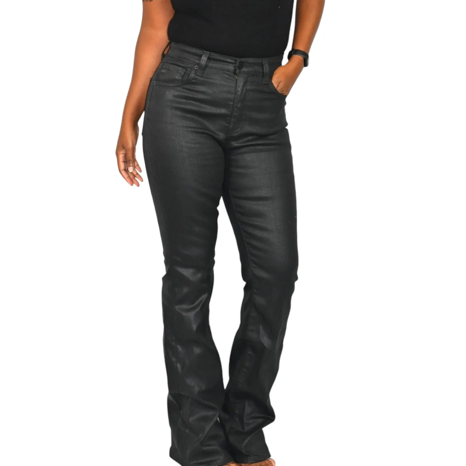 AG Alexxis Coated Jeans Black Denim Boot Cut High Rise Vintage Fit Faux Leather Size 26