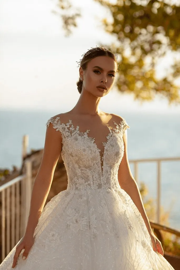 Aline Ball Gown Wedding Dress - Floral Wedding Dress with Lace - Dress with Plunging Neckline Plus Size