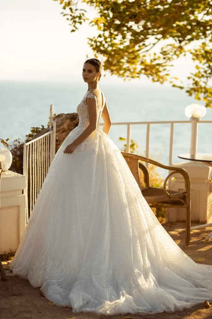 Aline Ball Gown Wedding Dress - Floral Wedding Dress with Lace - Dress with Plunging Neckline Plus Size