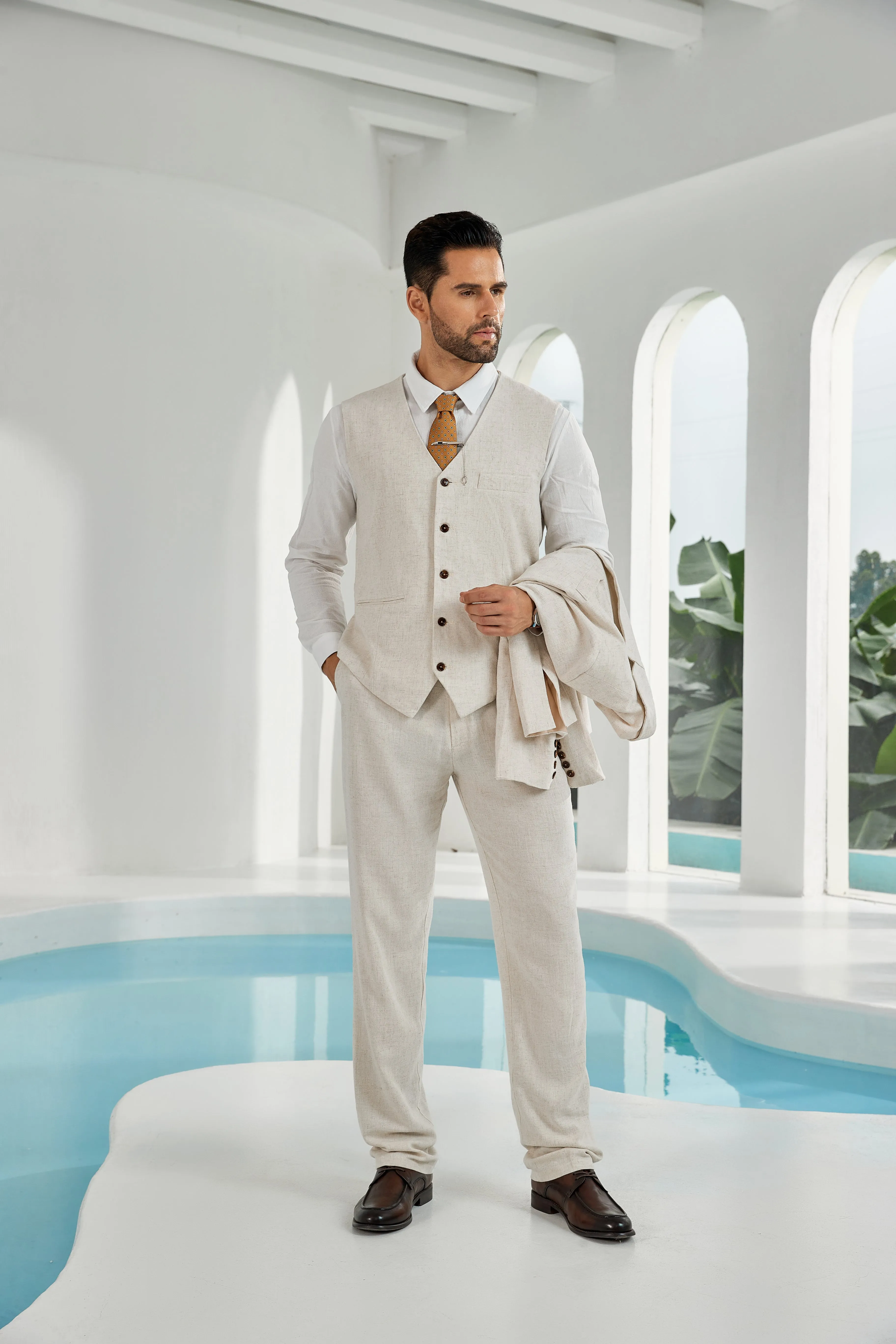 Beige Linen Beach Wedding Men Summer Suits (MORE CHOICE )🔥