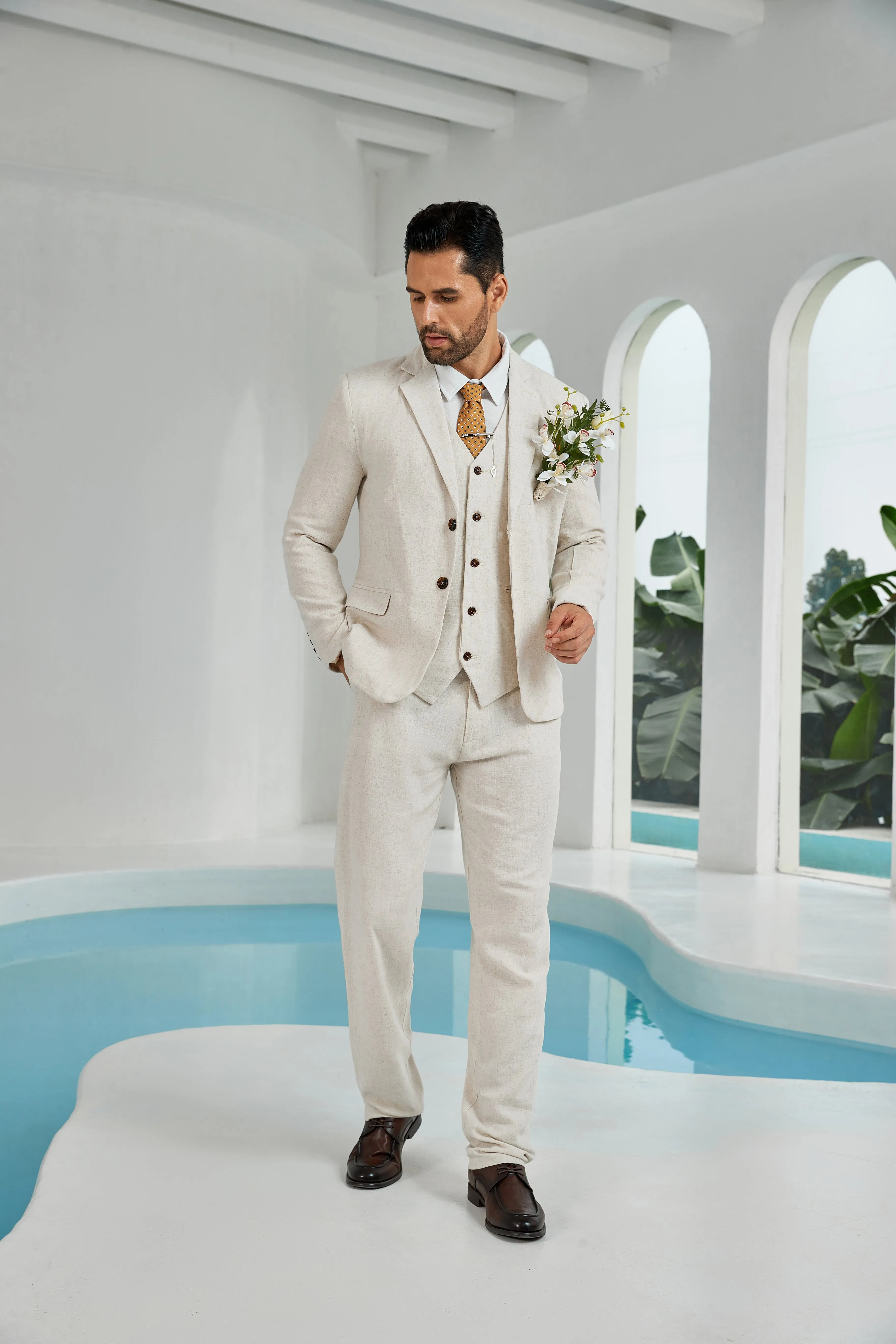 Beige Linen Beach Wedding Men Summer Suits (MORE CHOICE )🔥