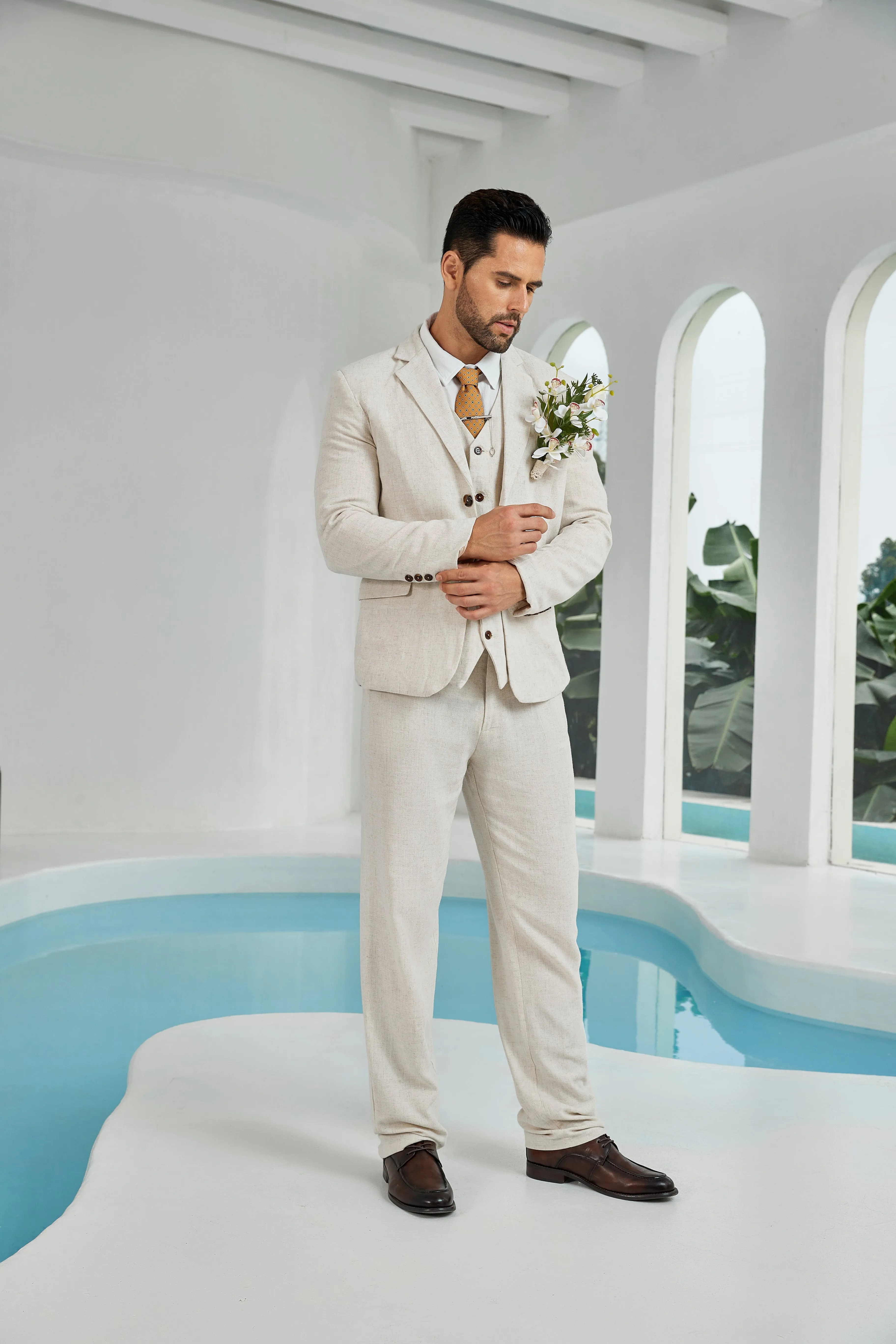 Beige Linen Beach Wedding Men Summer Suits (MORE CHOICE )🔥