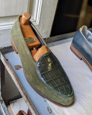 Belgian Loafer - Dark Green Crocodile & Olive Green Suede