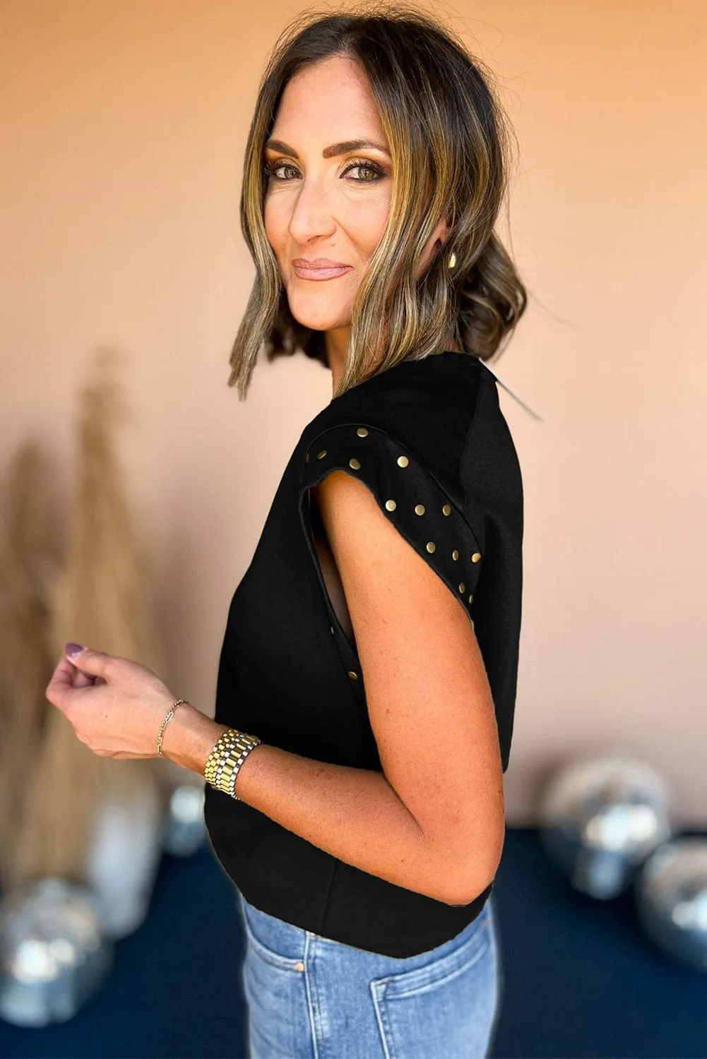 Casual Black T-Shirt with Shoulder Studs