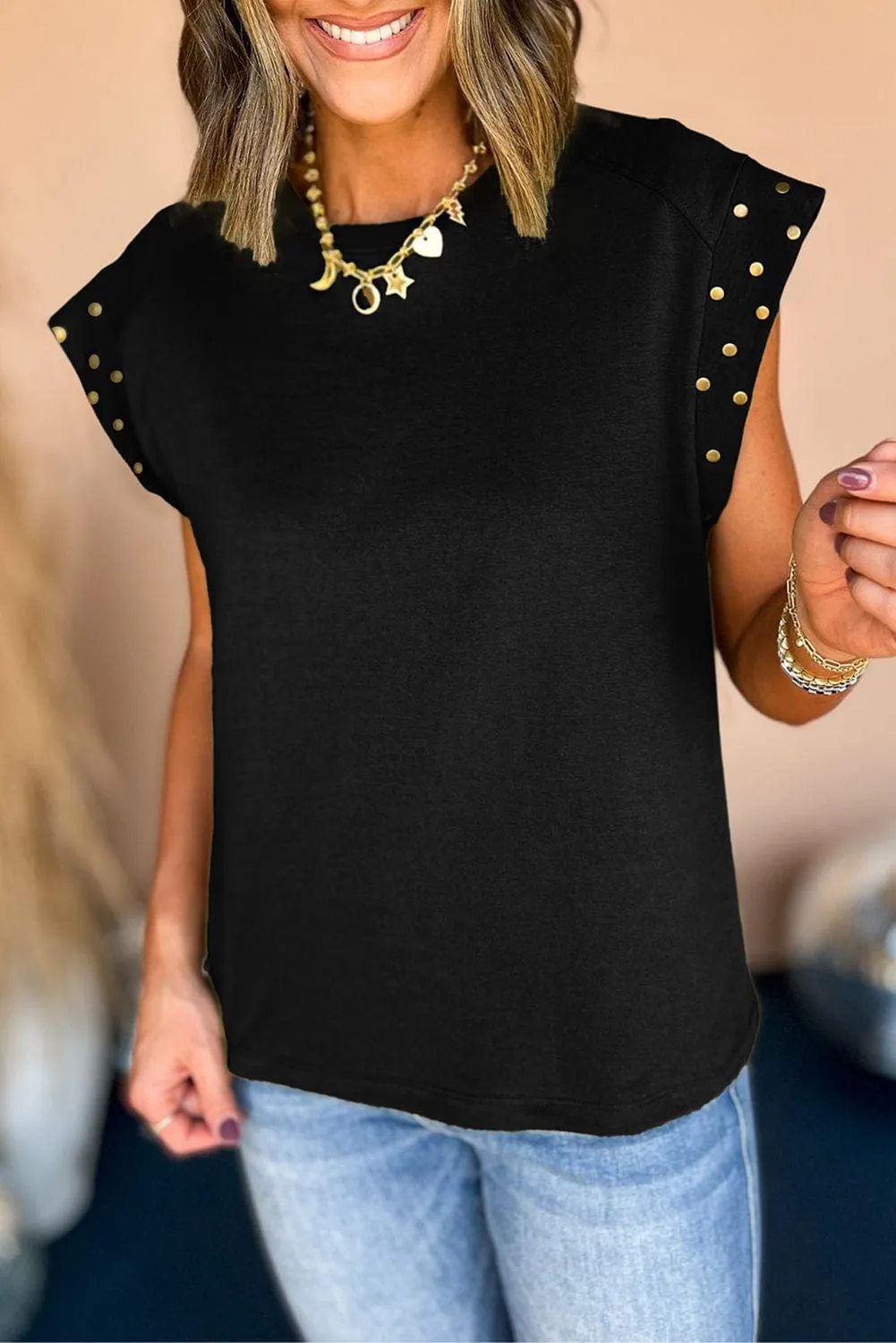 Casual Black T-Shirt with Shoulder Studs