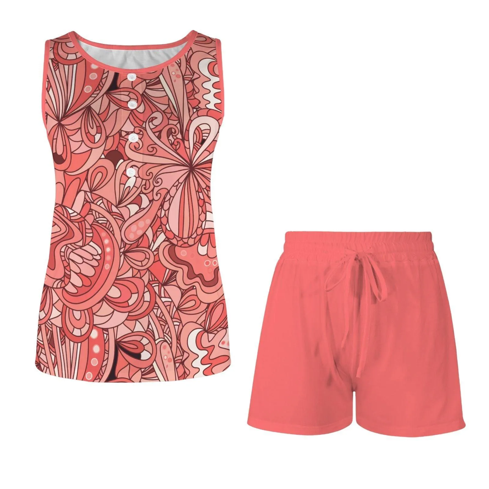 Citra Print Sleeveless Top & Solid Drawstring Shorts Set