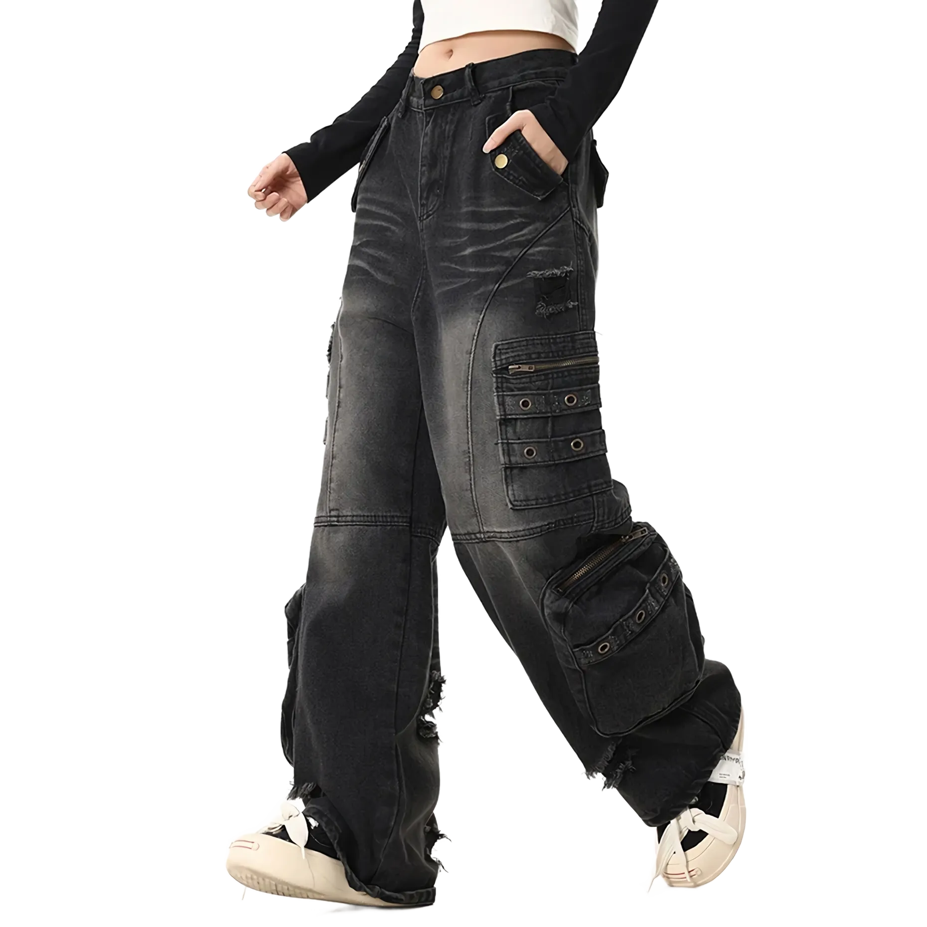 Distressed Black Cargo Denim Jeans - Edgy Streetwear Pants