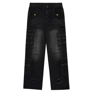 Distressed Black Cargo Denim Jeans - Edgy Streetwear Pants