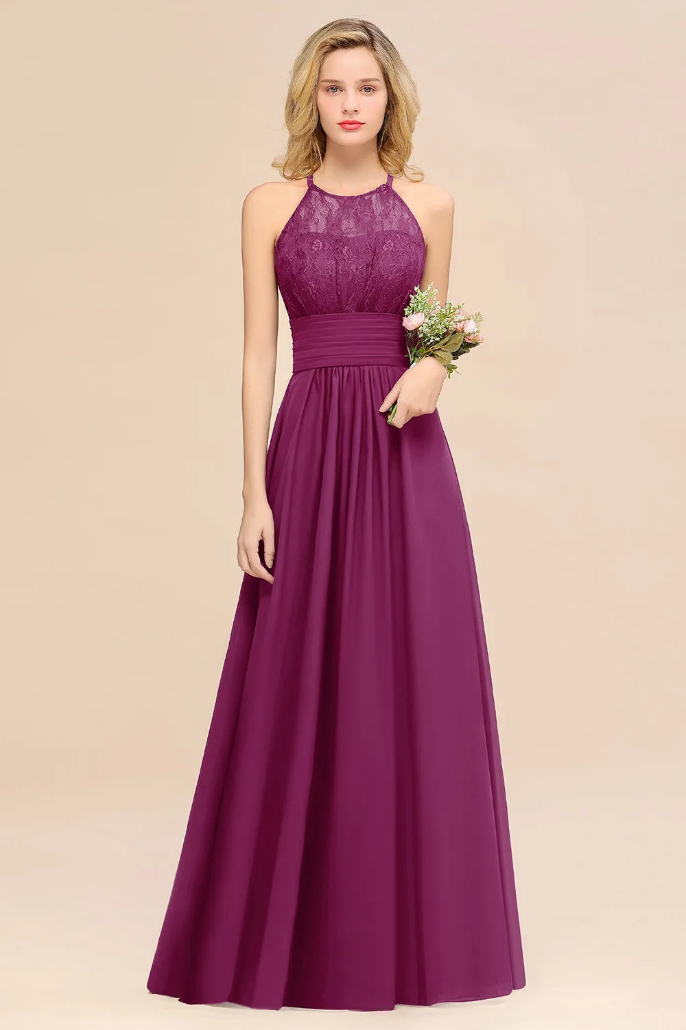 Elegant Halter Ruffles Sleeveless Lace Grape Bridesmaid Dresses