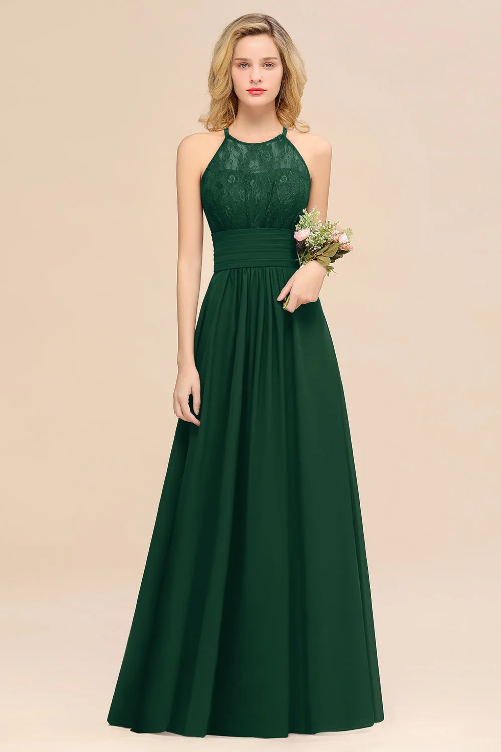 Elegant Halter Ruffles Sleeveless Lace Grape Bridesmaid Dresses