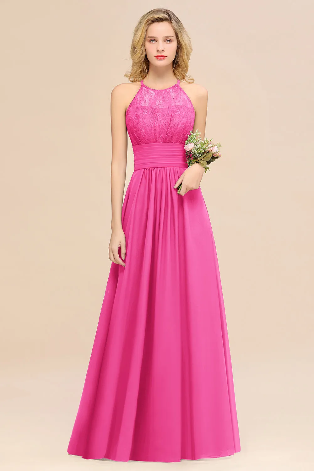 Elegant Halter Ruffles Sleeveless Lace Grape Bridesmaid Dresses
