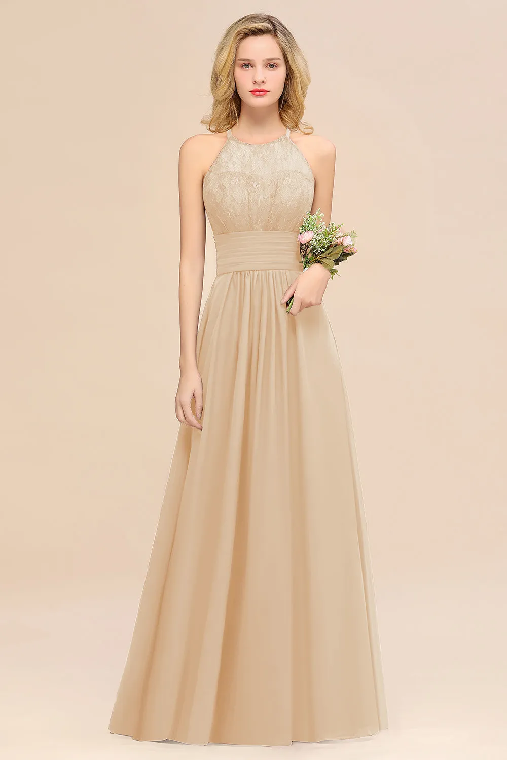 Elegant Halter Ruffles Sleeveless Lace Grape Bridesmaid Dresses