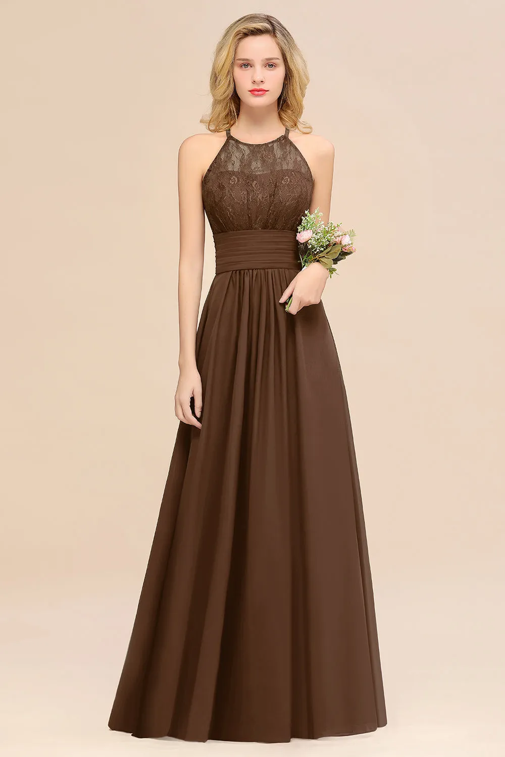 Elegant Halter Ruffles Sleeveless Lace Grape Bridesmaid Dresses