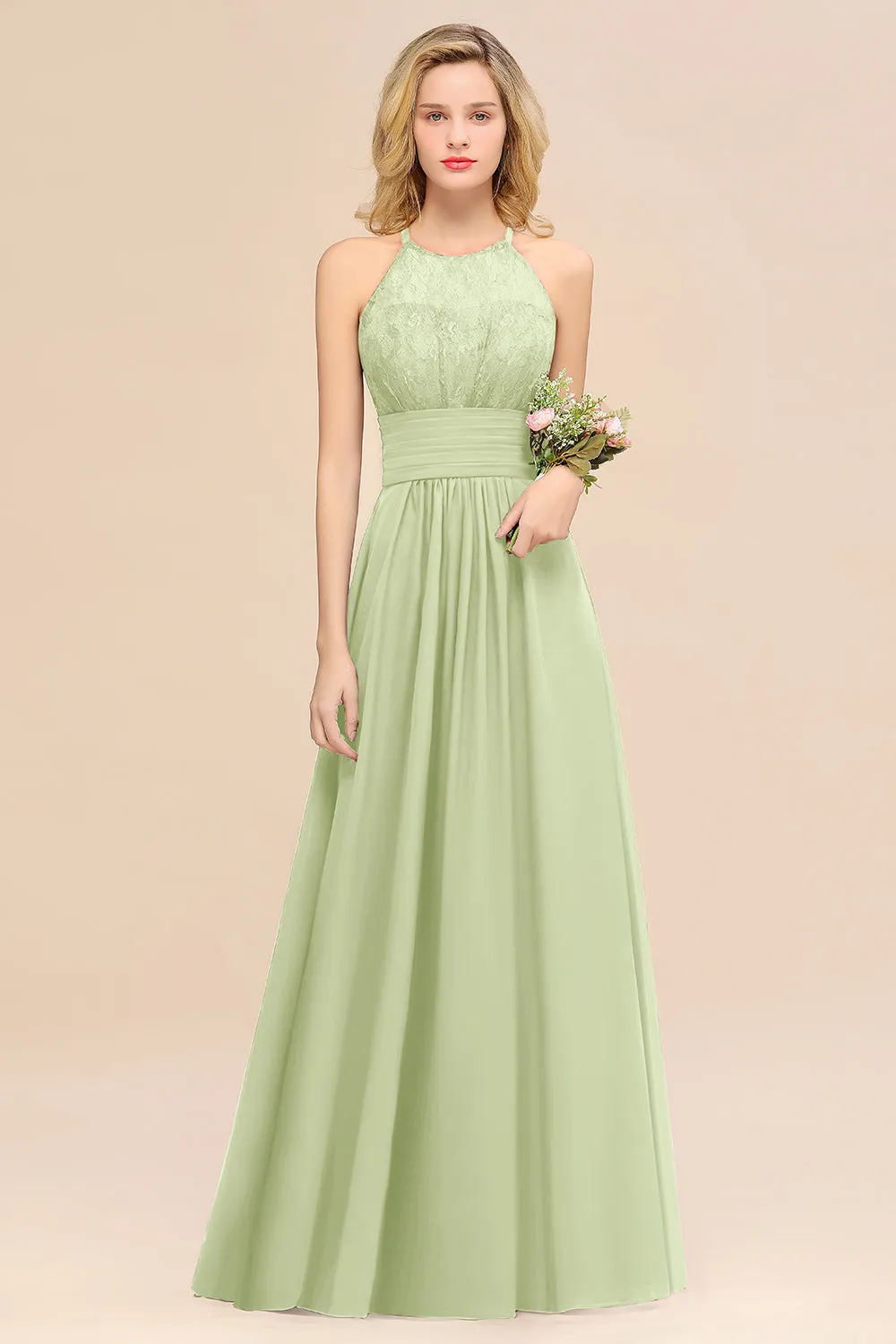 Elegant Halter Ruffles Sleeveless Lace Grape Bridesmaid Dresses