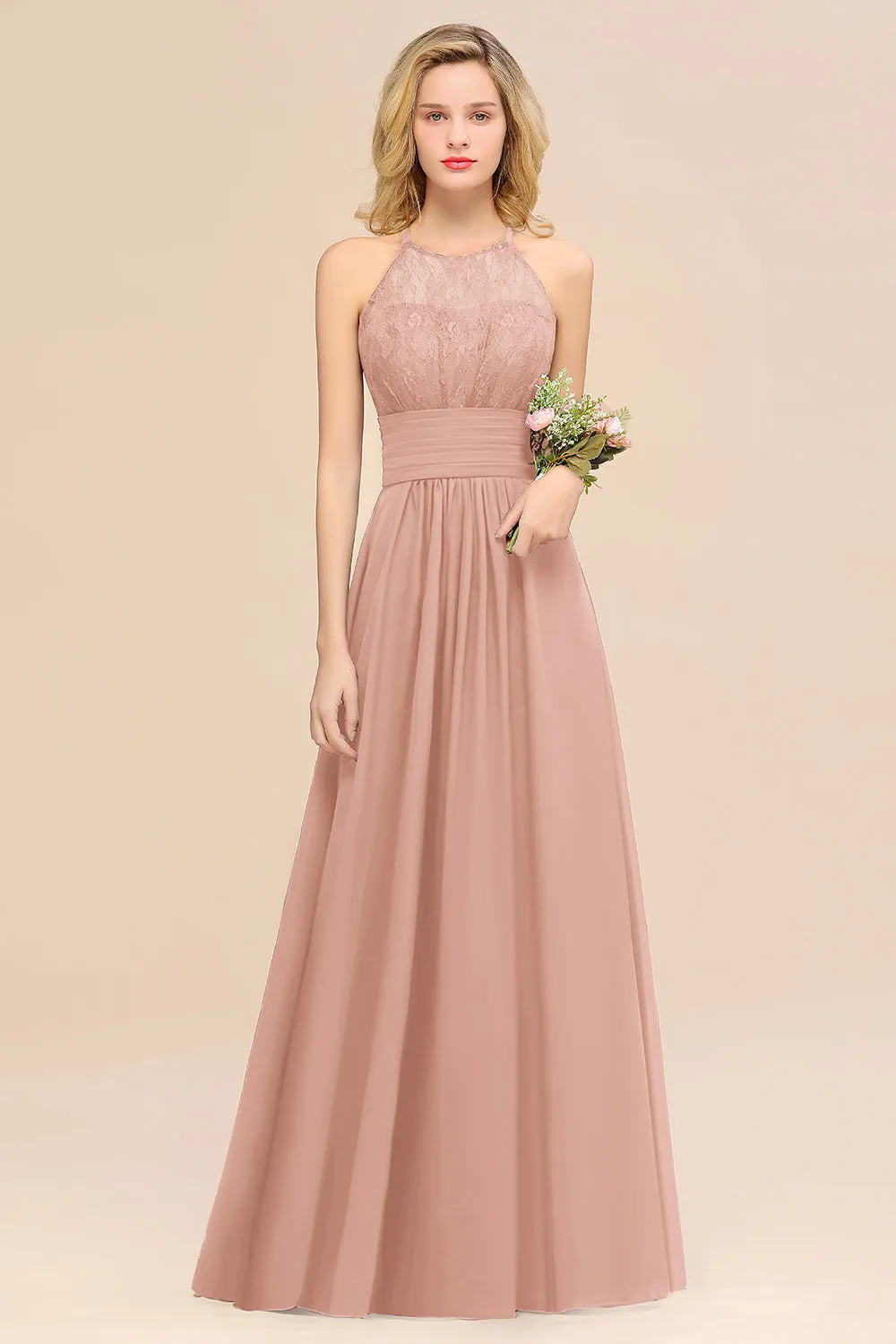 Elegant Halter Ruffles Sleeveless Lace Grape Bridesmaid Dresses