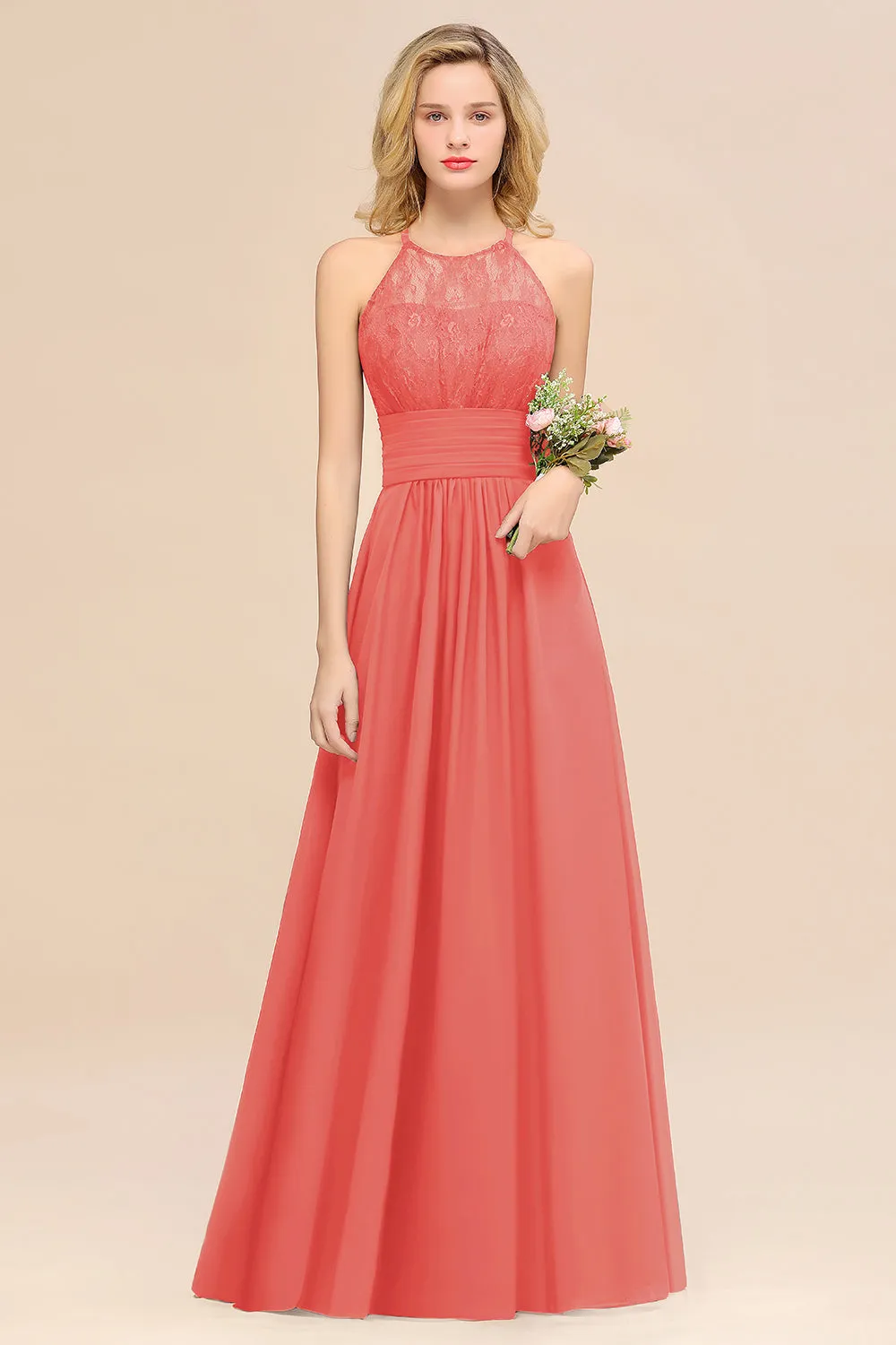 Elegant Halter Ruffles Sleeveless Lace Grape Bridesmaid Dresses