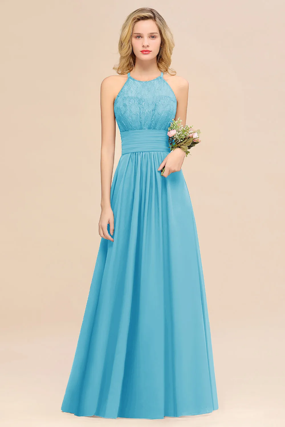 Elegant Halter Ruffles Sleeveless Lace Grape Bridesmaid Dresses
