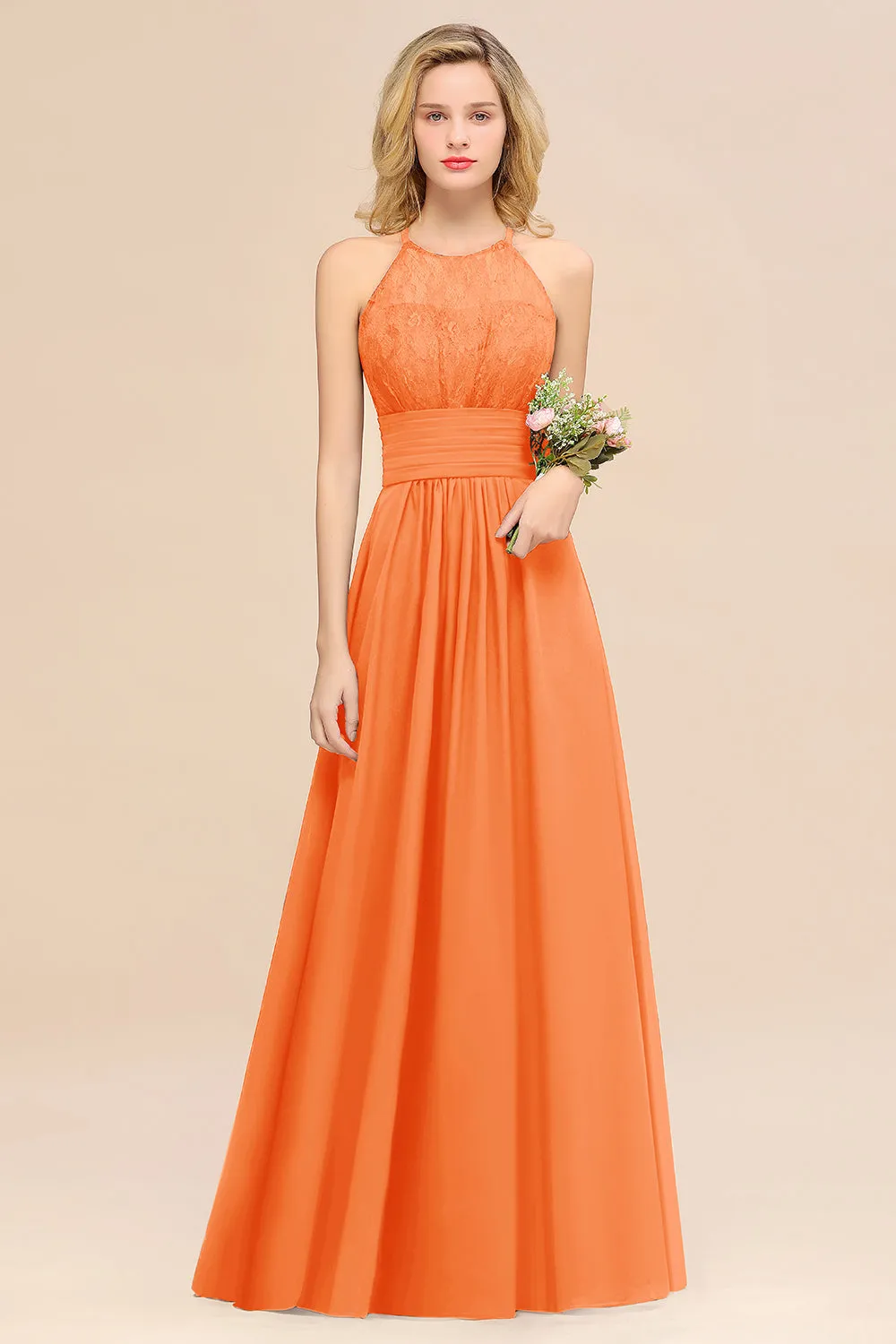 Elegant Halter Ruffles Sleeveless Lace Grape Bridesmaid Dresses