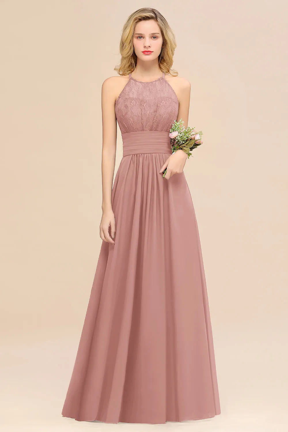 Elegant Halter Ruffles Sleeveless Lace Grape Bridesmaid Dresses