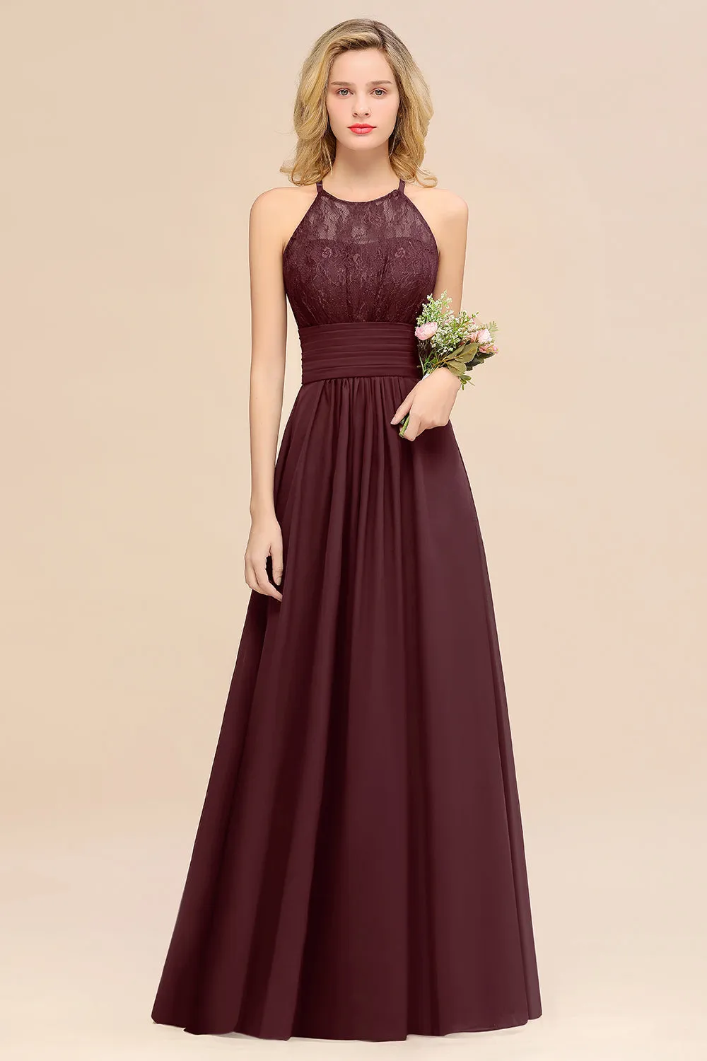 Elegant Halter Ruffles Sleeveless Lace Grape Bridesmaid Dresses