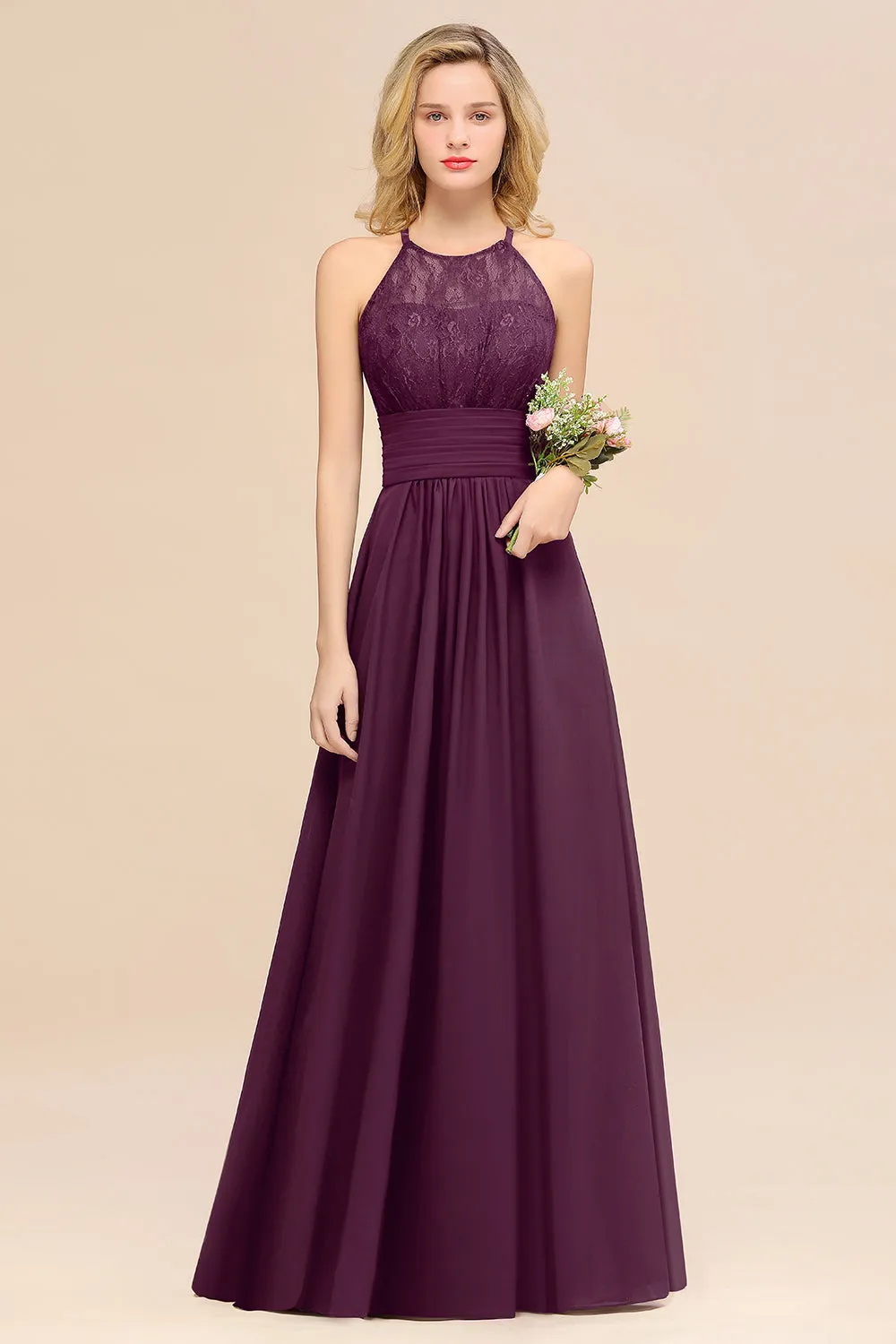 Elegant Halter Ruffles Sleeveless Lace Grape Bridesmaid Dresses