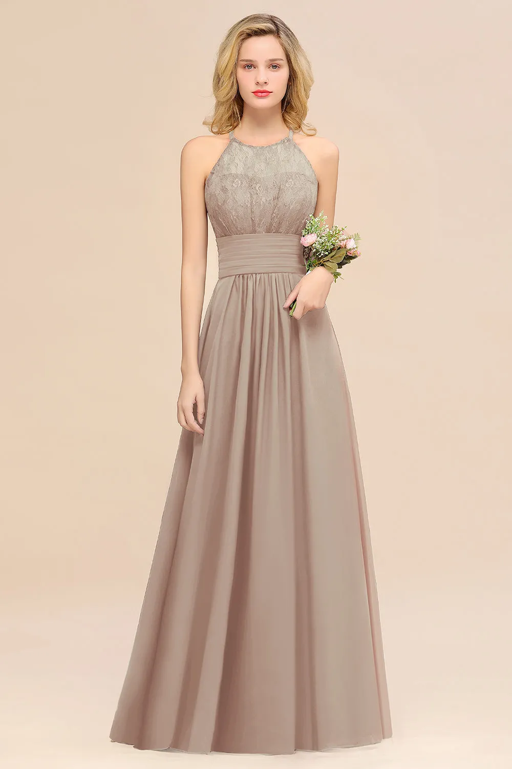 Elegant Halter Ruffles Sleeveless Lace Grape Bridesmaid Dresses