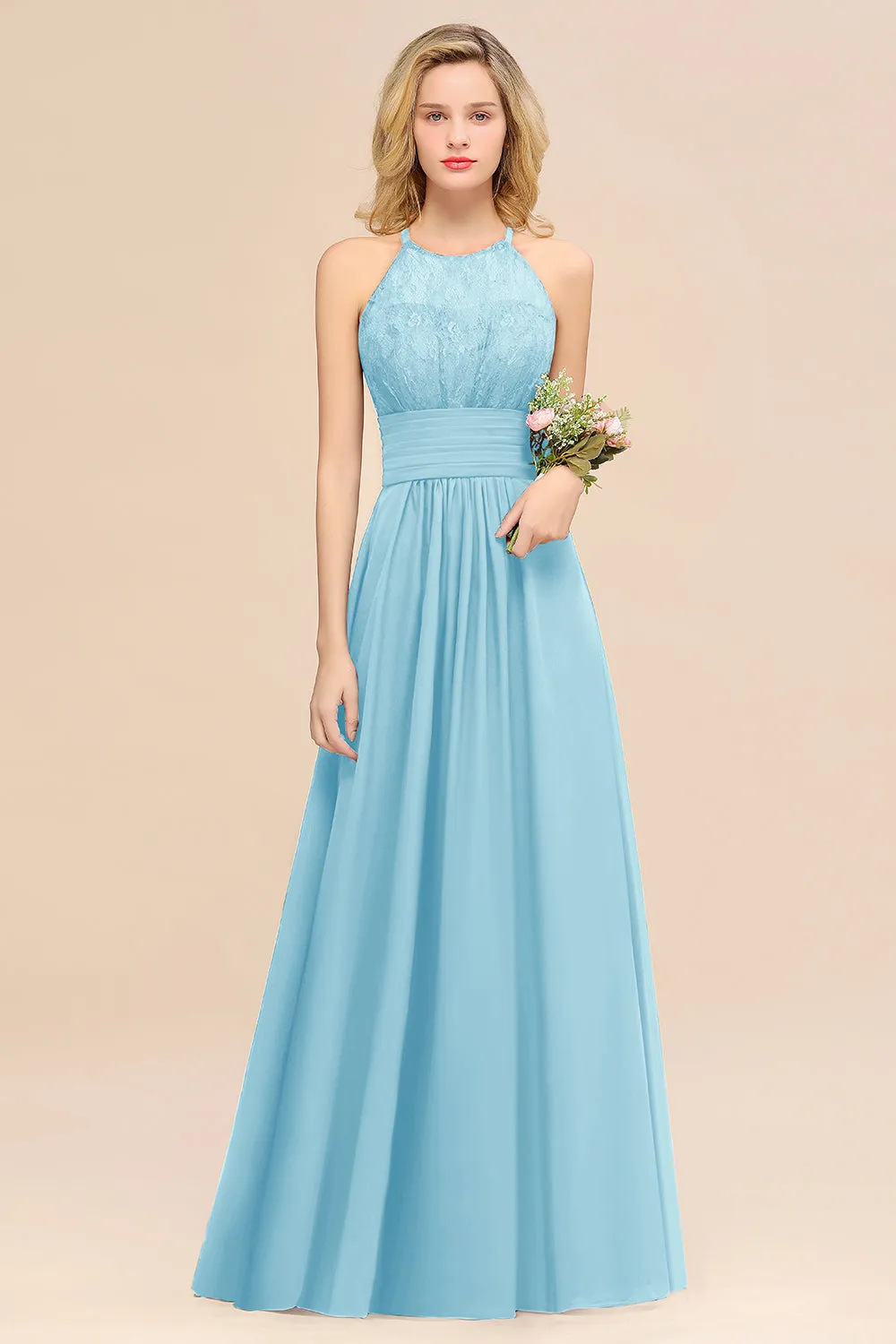 Elegant Halter Ruffles Sleeveless Lace Grape Bridesmaid Dresses