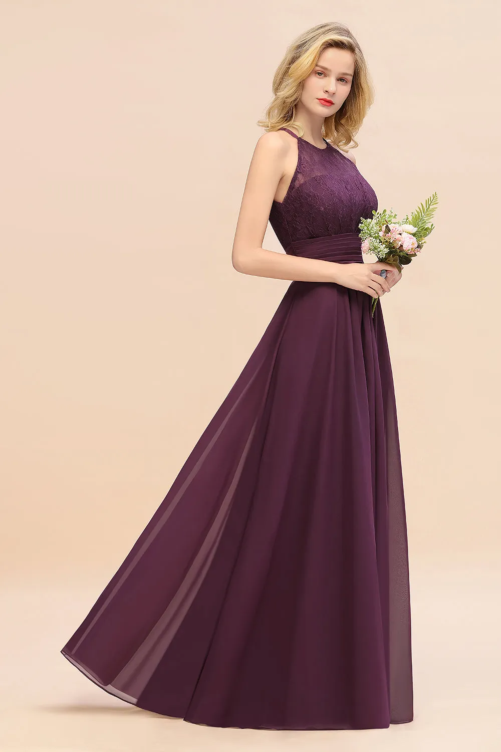 Elegant Halter Ruffles Sleeveless Lace Grape Bridesmaid Dresses