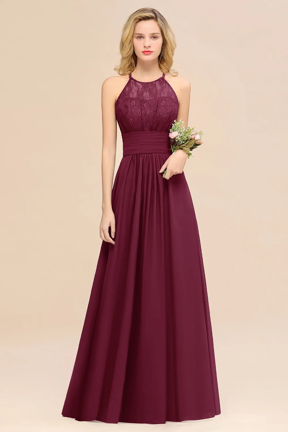 Elegant Halter Ruffles Sleeveless Lace Grape Bridesmaid Dresses
