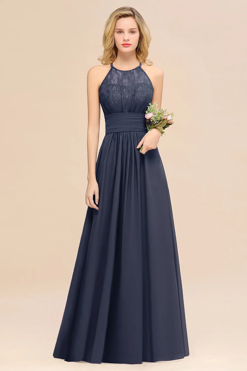 Elegant Halter Ruffles Sleeveless Lace Grape Bridesmaid Dresses