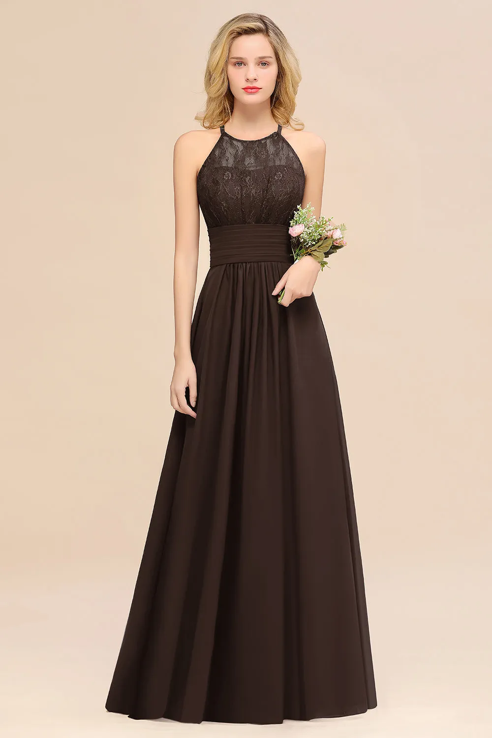 Elegant Halter Ruffles Sleeveless Lace Grape Bridesmaid Dresses