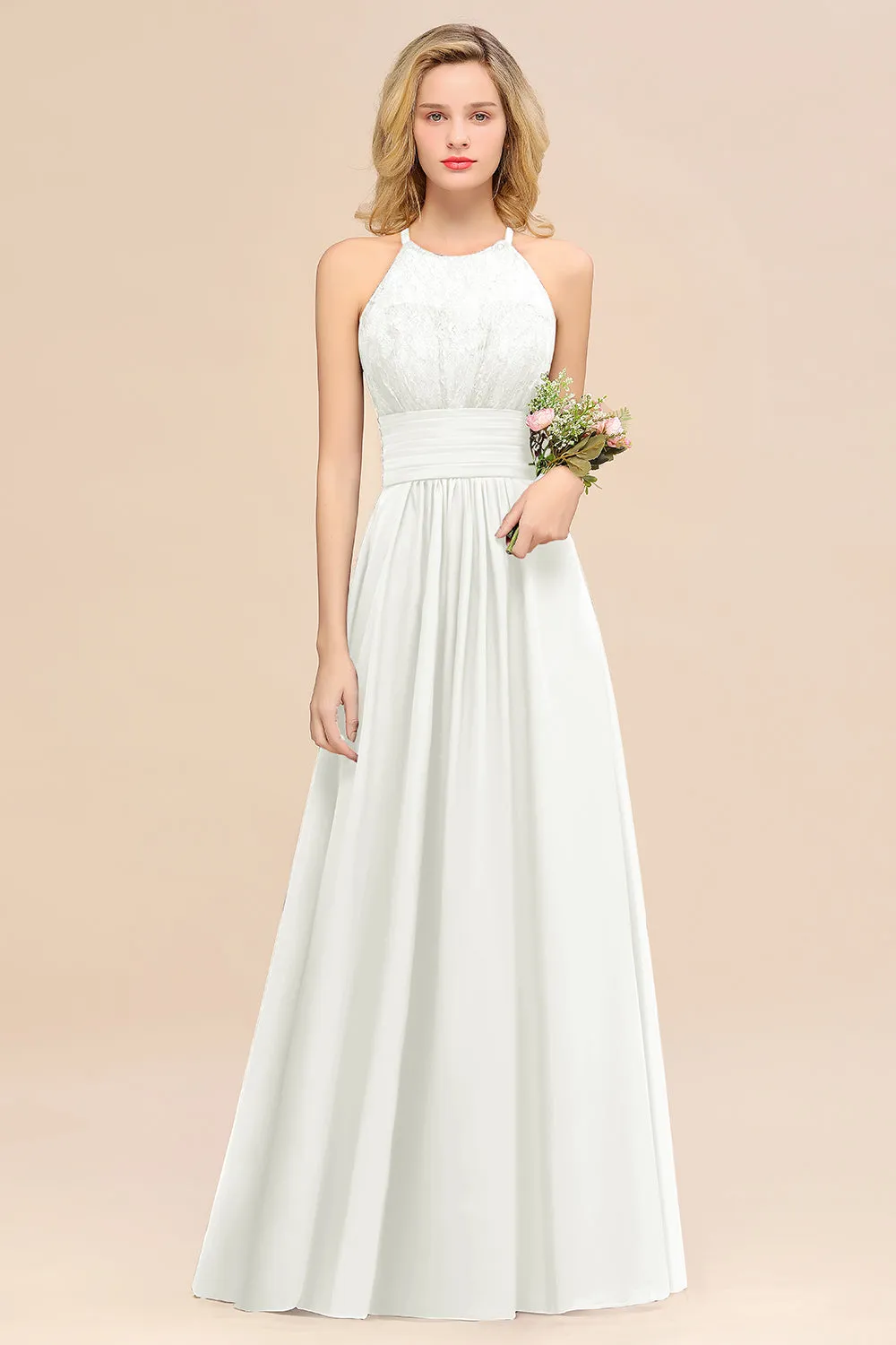 Elegant Halter Ruffles Sleeveless Lace Grape Bridesmaid Dresses