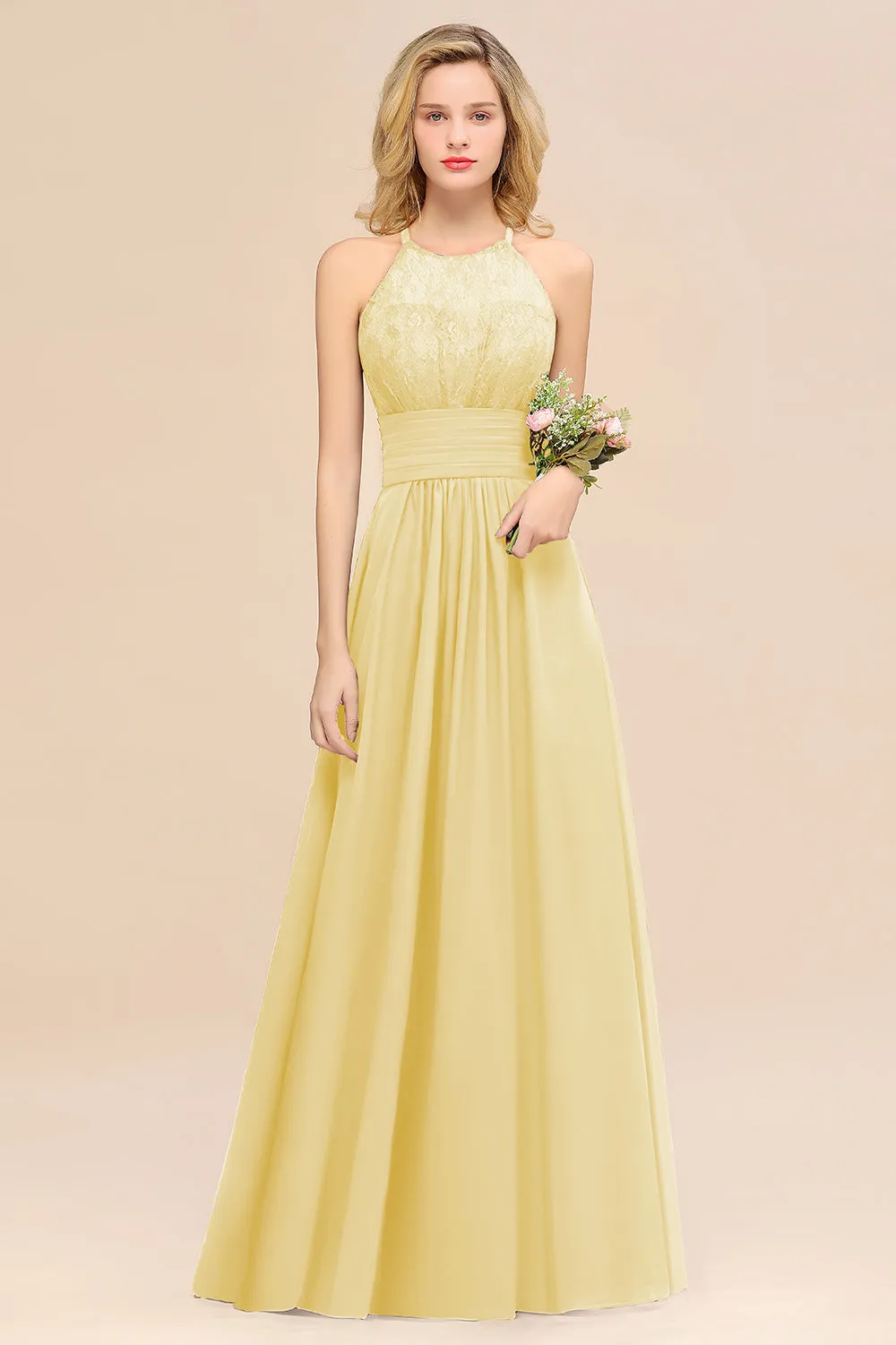 Elegant Halter Ruffles Sleeveless Lace Grape Bridesmaid Dresses