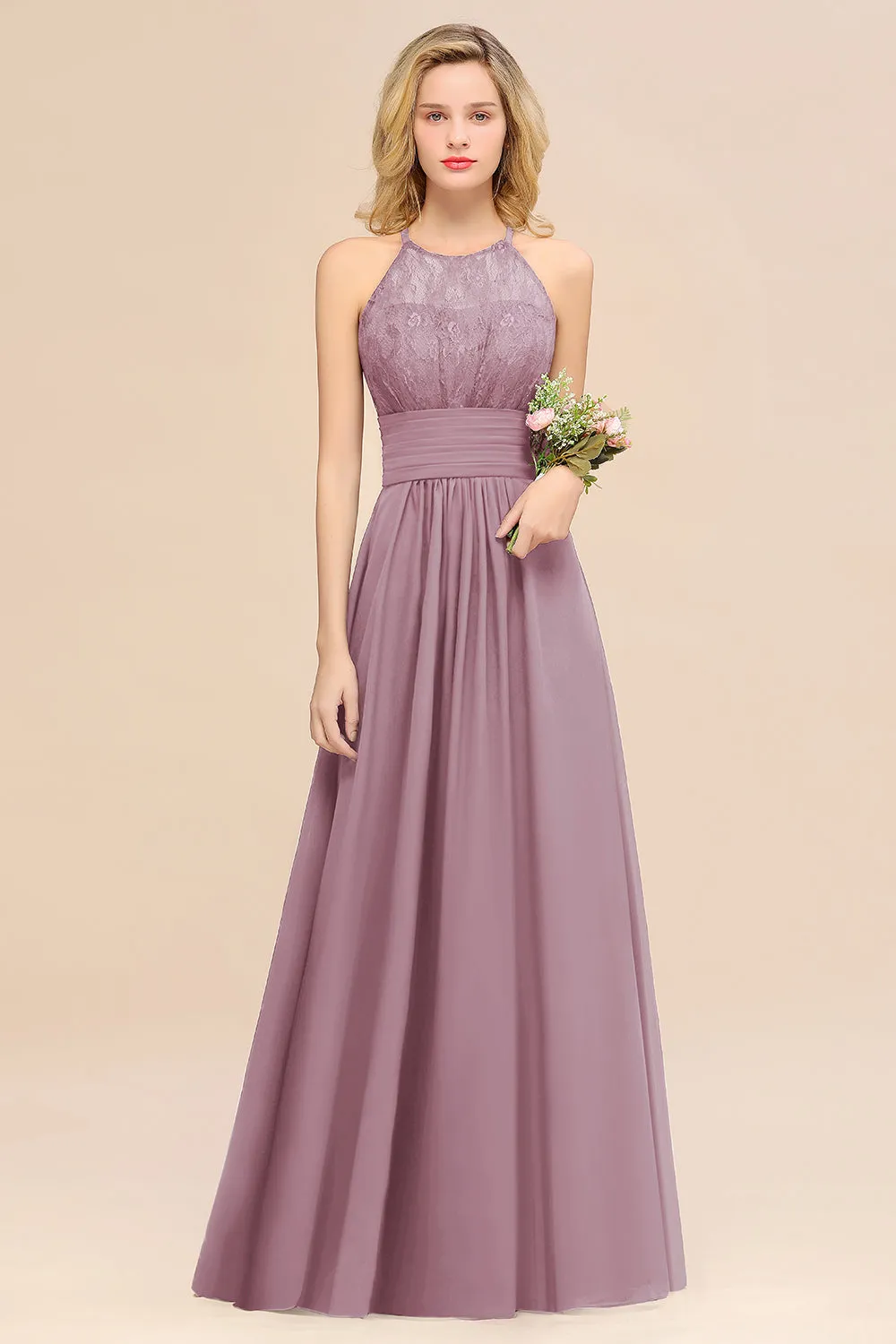 Elegant Halter Ruffles Sleeveless Lace Grape Bridesmaid Dresses