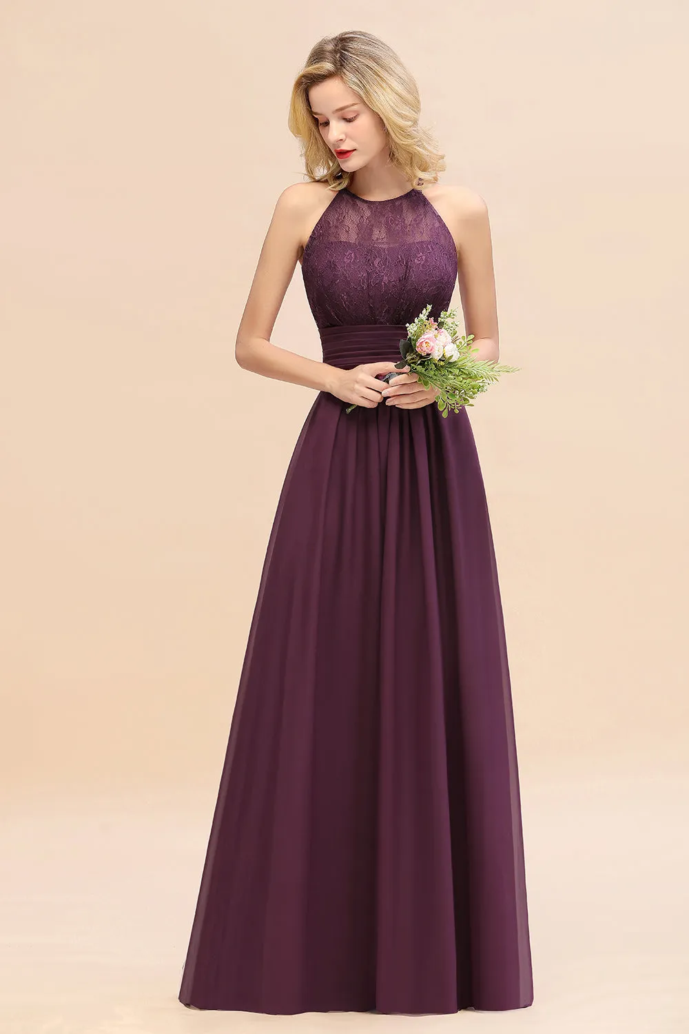 Elegant Halter Ruffles Sleeveless Lace Grape Bridesmaid Dresses