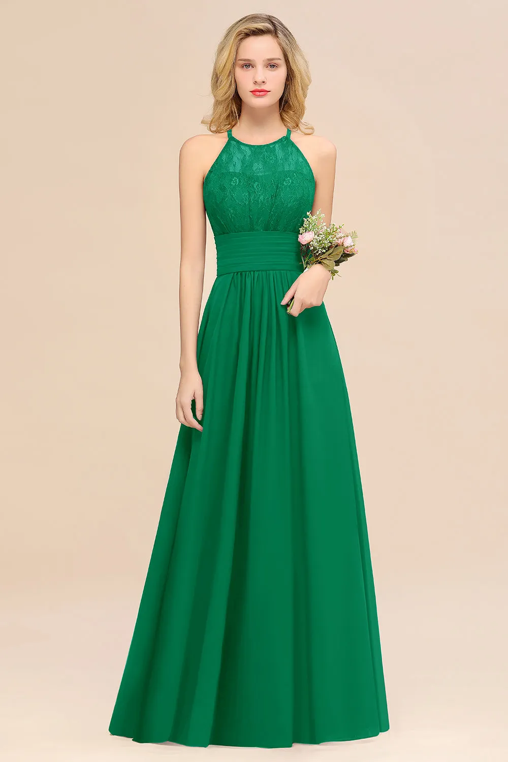 Elegant Halter Ruffles Sleeveless Lace Grape Bridesmaid Dresses