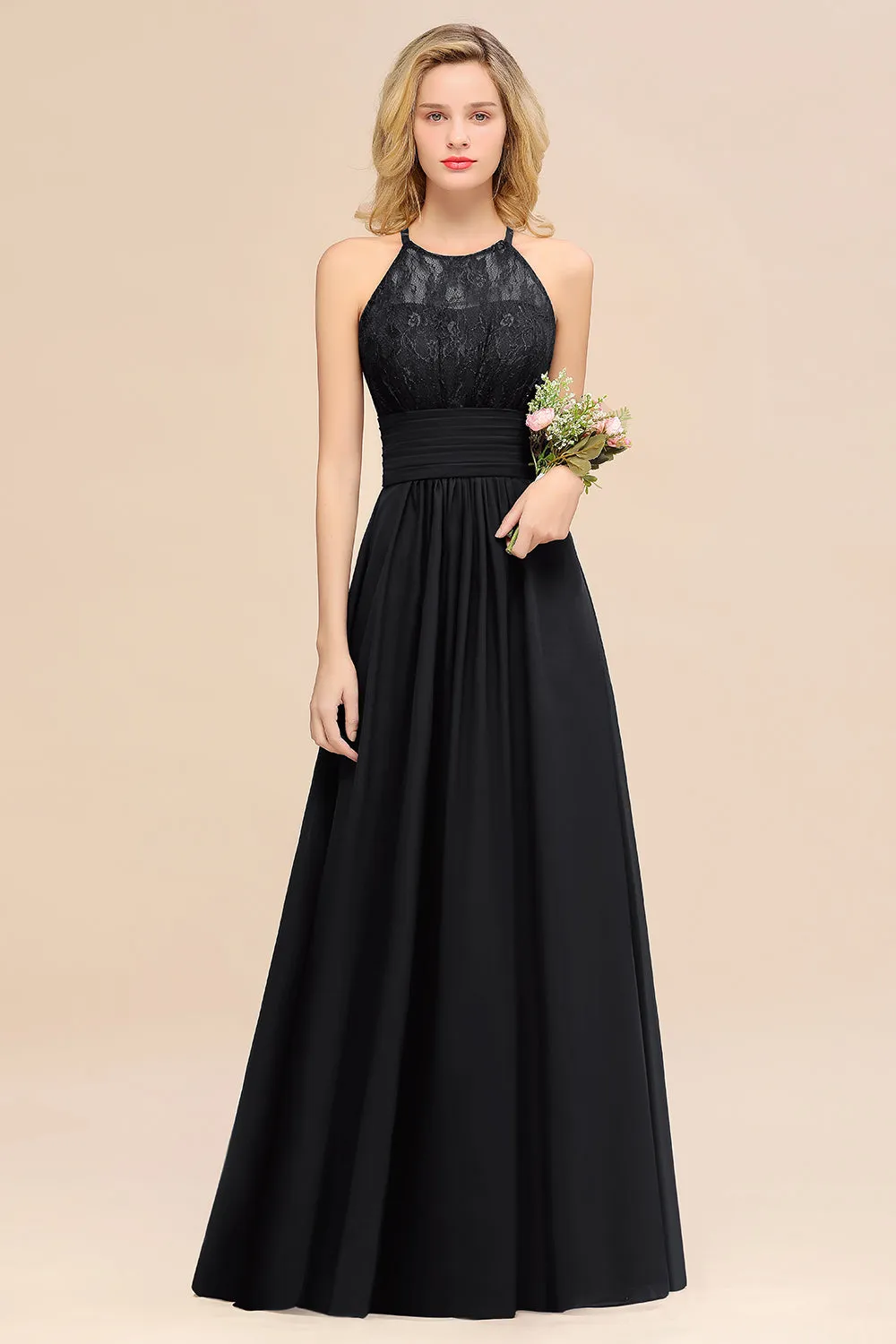 Elegant Halter Ruffles Sleeveless Lace Grape Bridesmaid Dresses