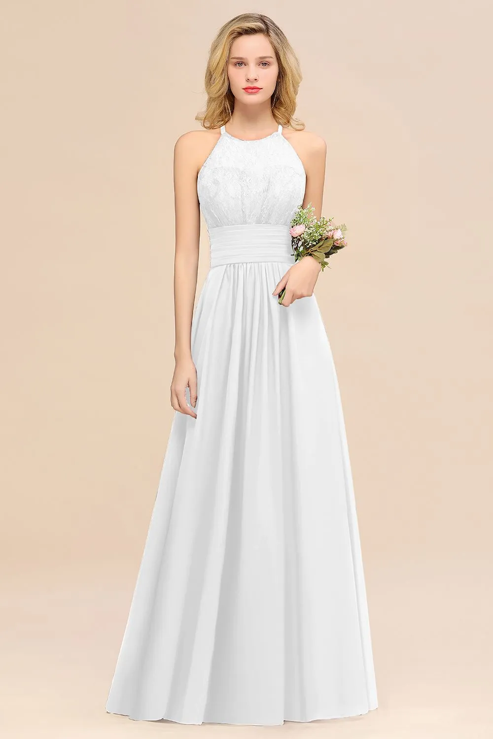 Elegant Halter Ruffles Sleeveless Lace Grape Bridesmaid Dresses