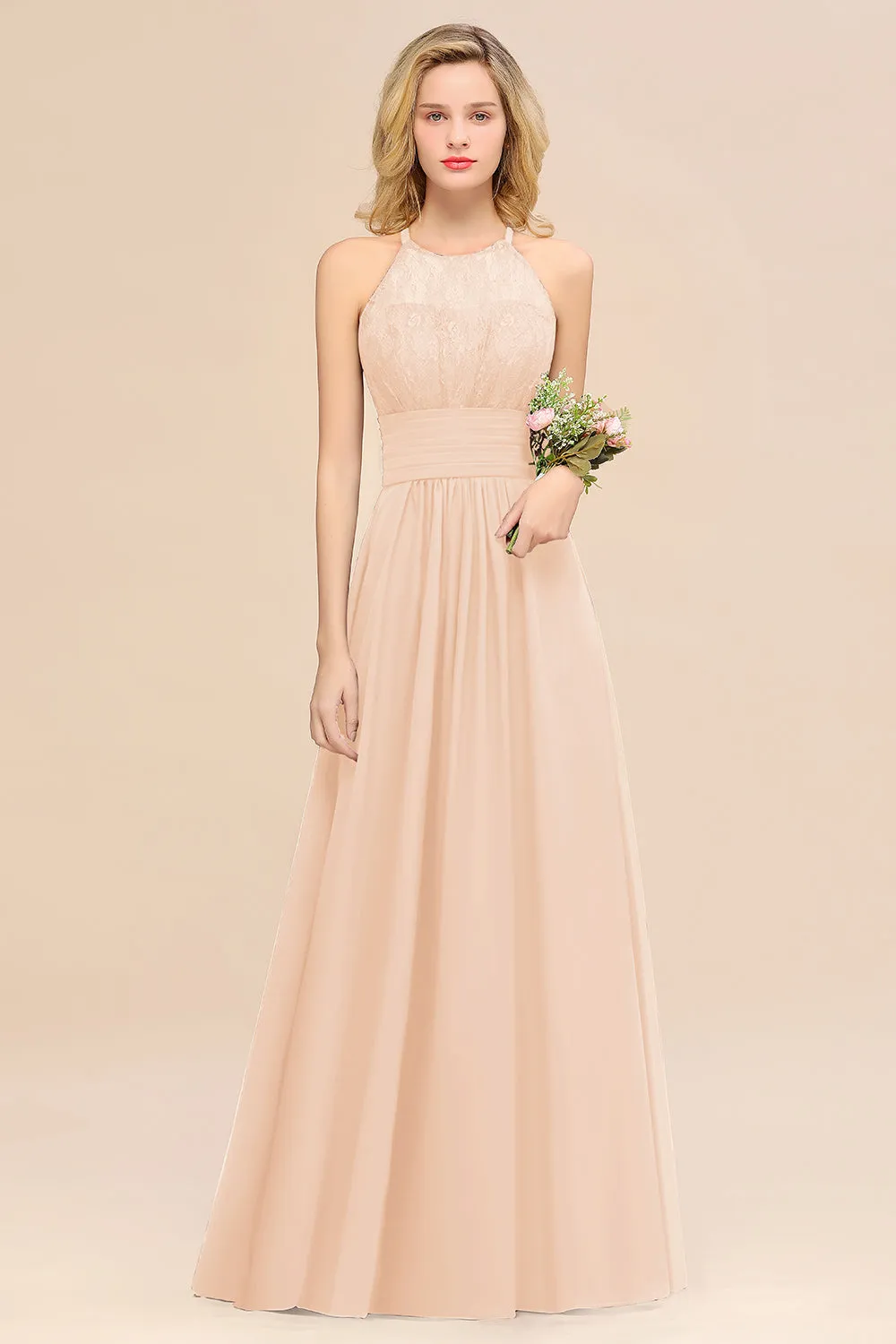 Elegant Halter Ruffles Sleeveless Lace Grape Bridesmaid Dresses