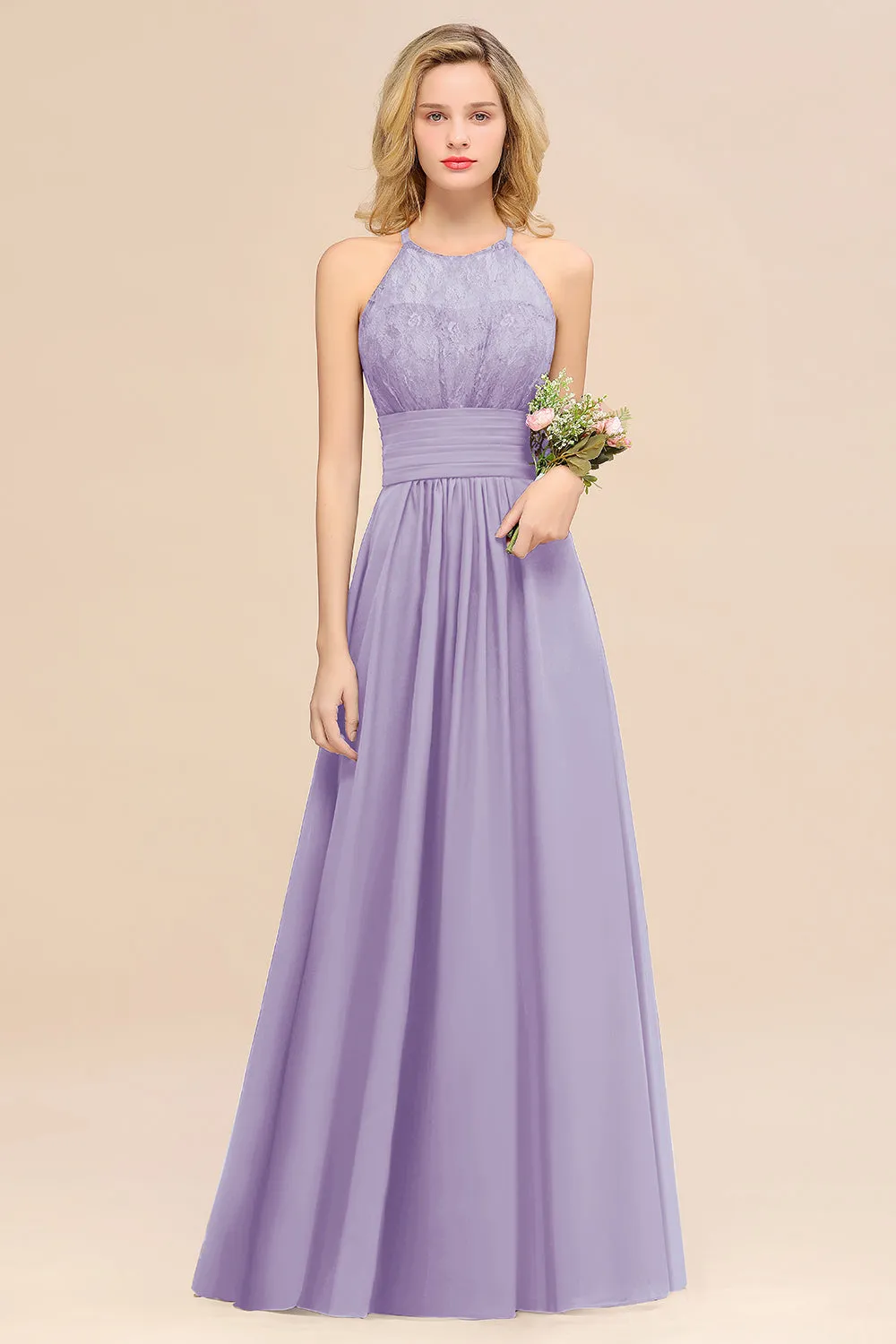 Elegant Halter Ruffles Sleeveless Lace Grape Bridesmaid Dresses
