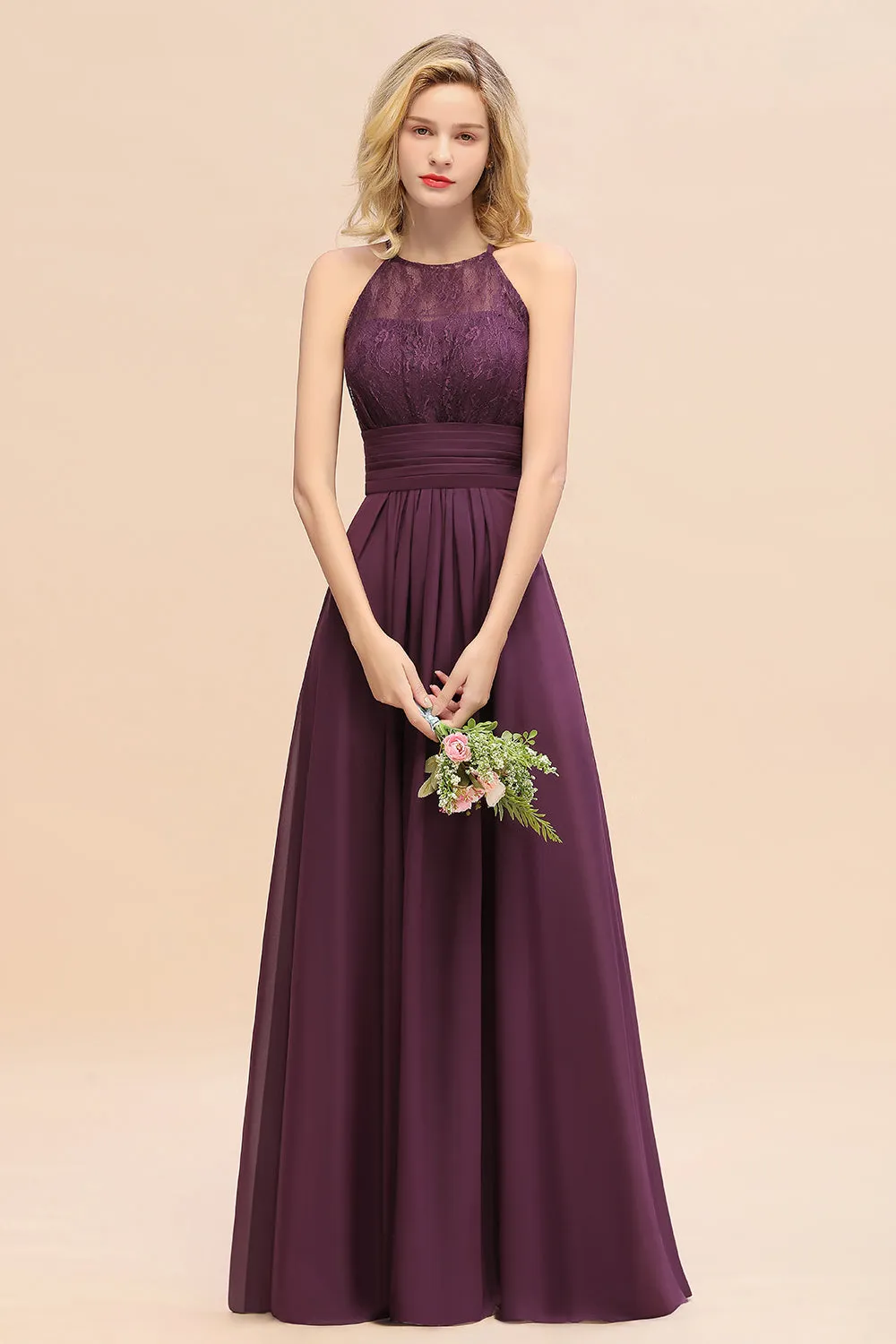 Elegant Halter Ruffles Sleeveless Lace Grape Bridesmaid Dresses