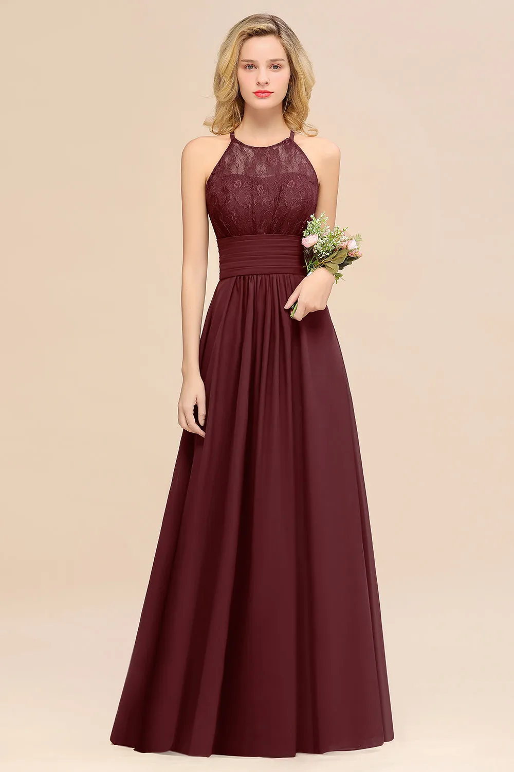 Elegant Halter Ruffles Sleeveless Lace Grape Bridesmaid Dresses