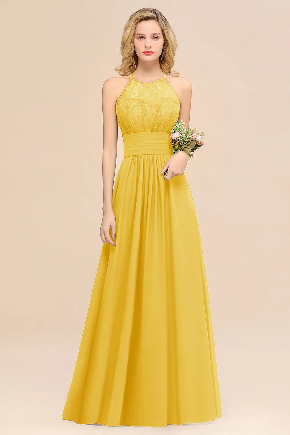 Elegant Halter Ruffles Sleeveless Lace Grape Bridesmaid Dresses