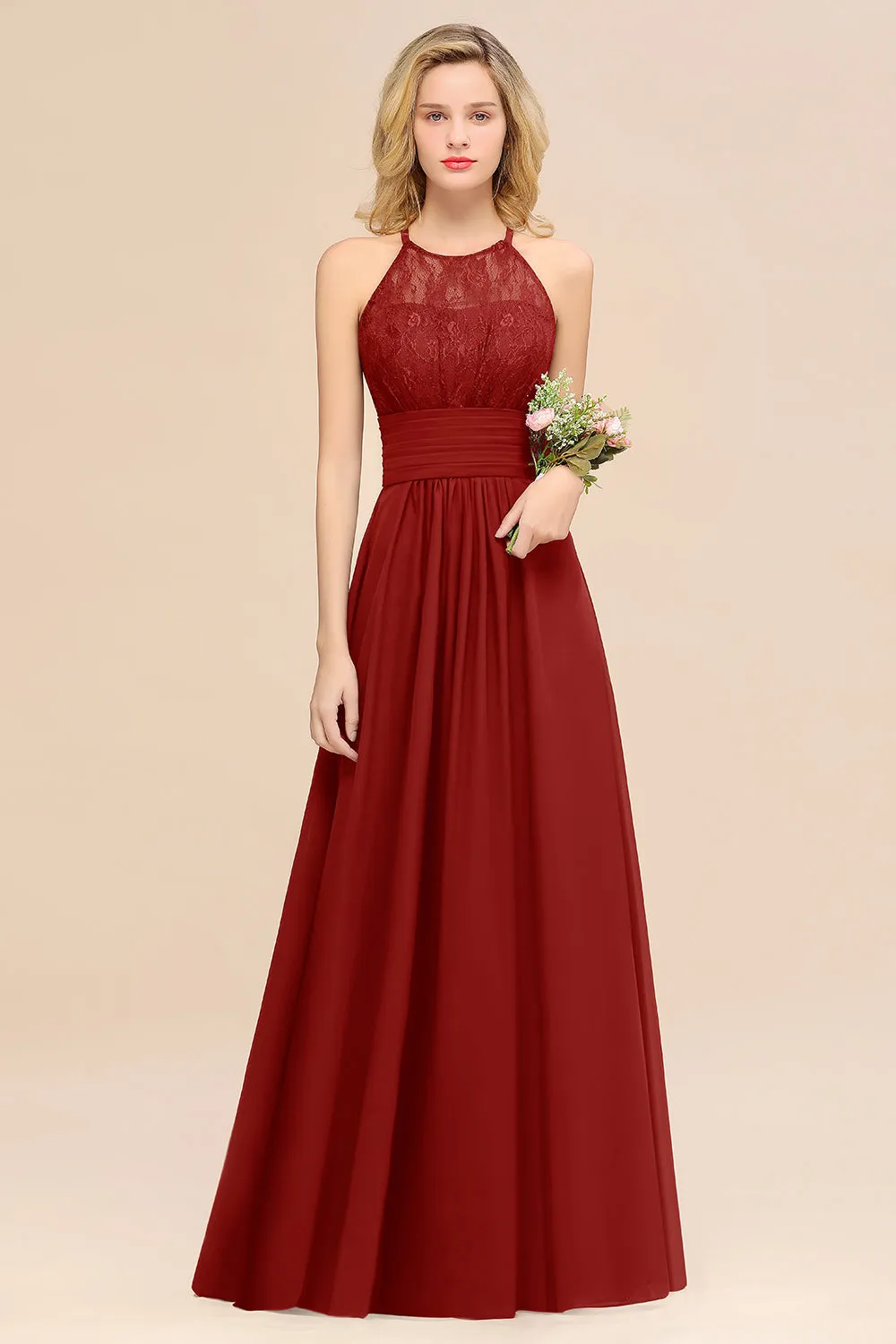 Elegant Halter Ruffles Sleeveless Lace Grape Bridesmaid Dresses
