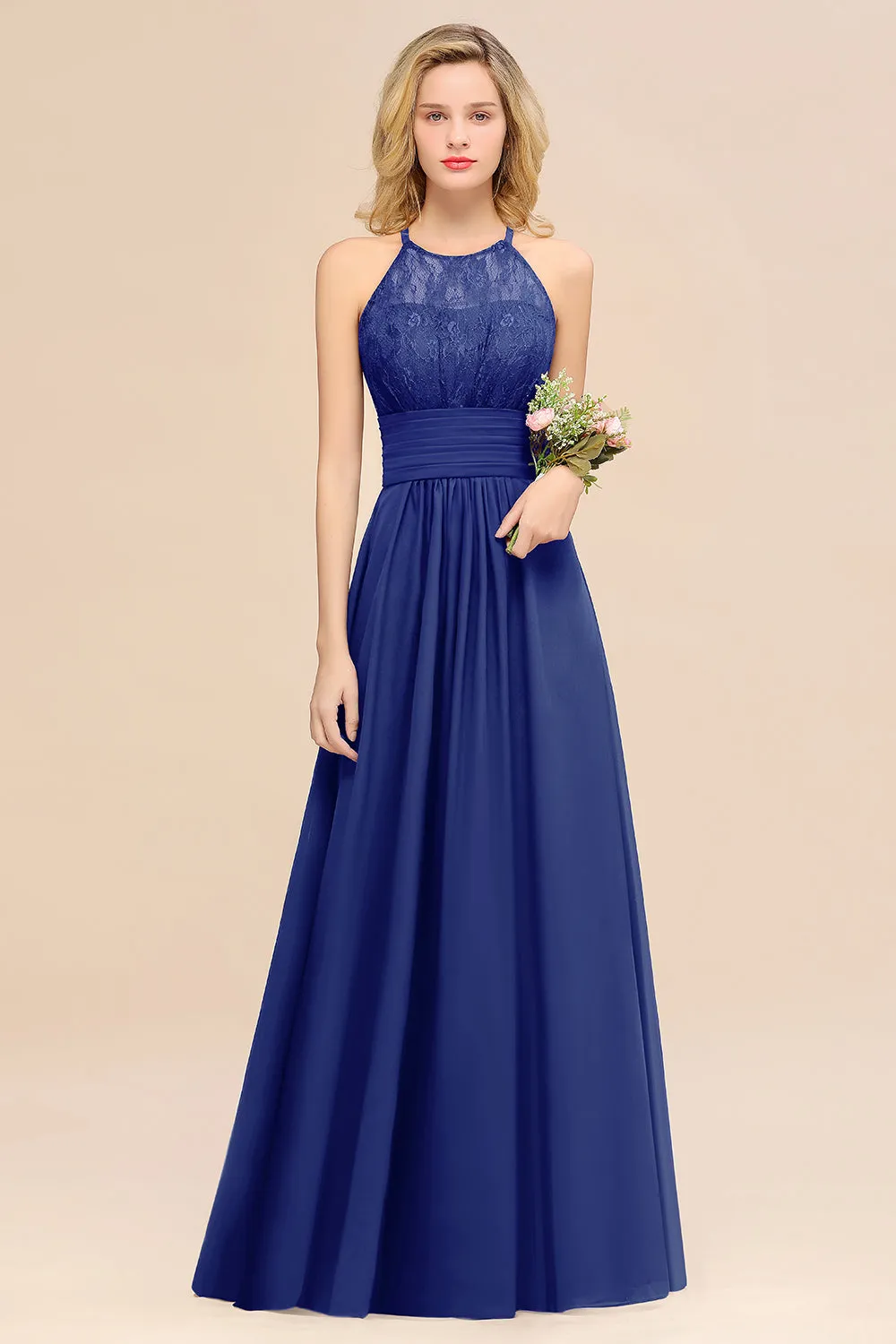 Elegant Halter Ruffles Sleeveless Lace Grape Bridesmaid Dresses