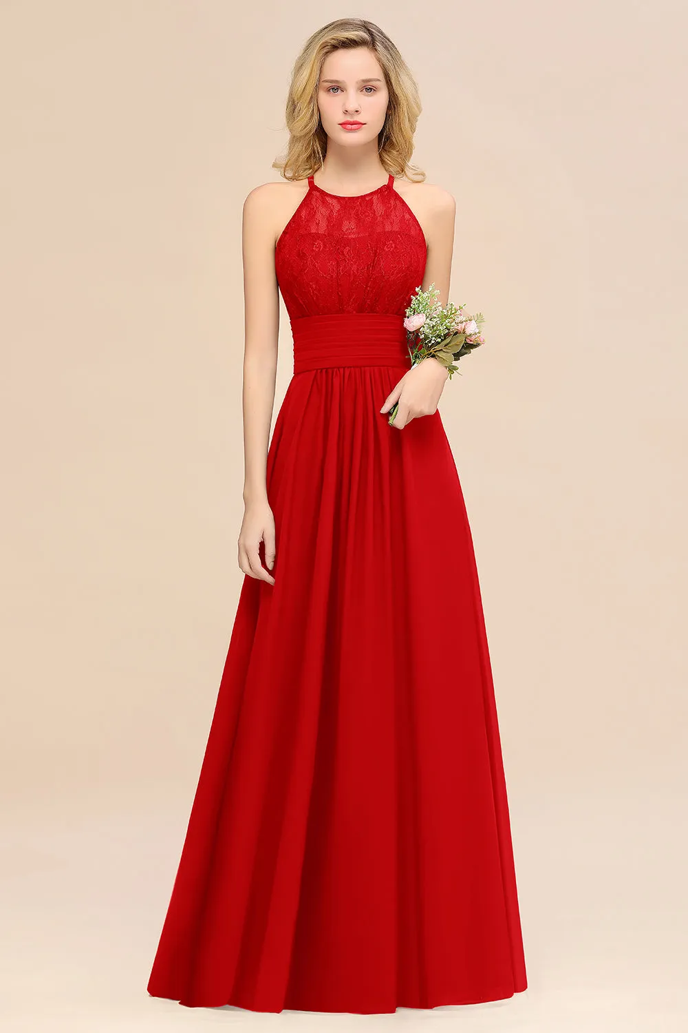 Elegant Halter Ruffles Sleeveless Lace Grape Bridesmaid Dresses