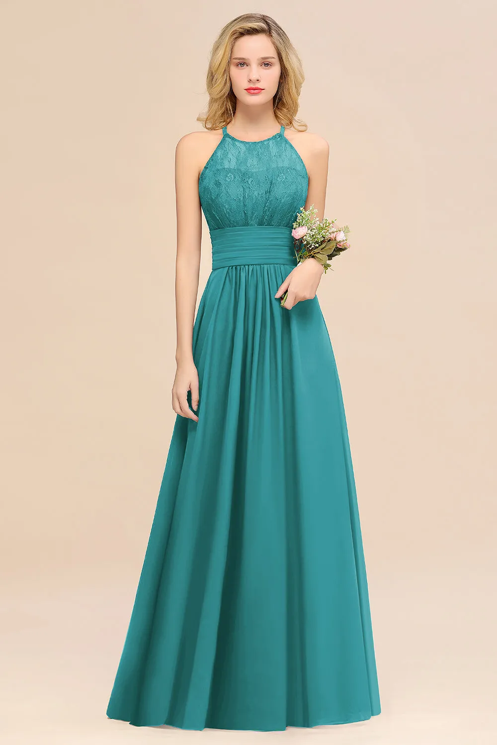 Elegant Halter Ruffles Sleeveless Lace Grape Bridesmaid Dresses