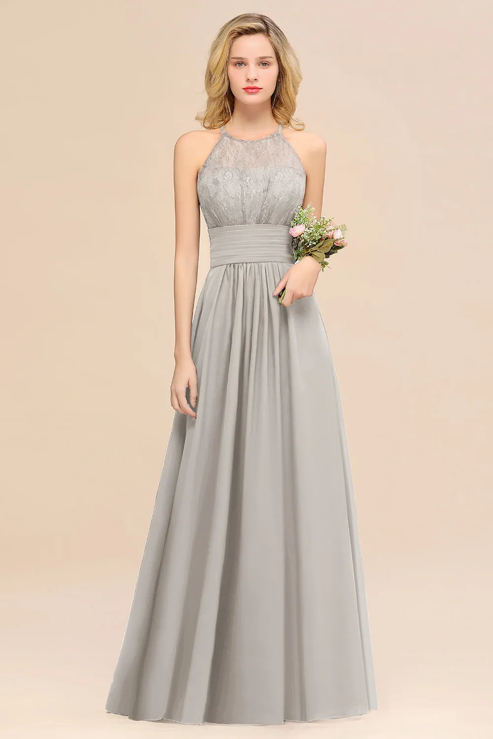 Elegant Halter Ruffles Sleeveless Lace Grape Bridesmaid Dresses